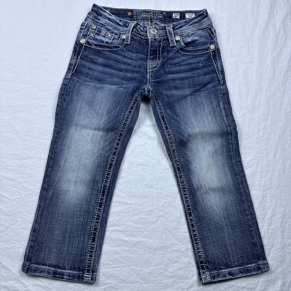 Miss Me Crop GIRLS 21x18 Jeans Cross Flap Blue Rhinestone EMBELISHED - Picture 3 of 9